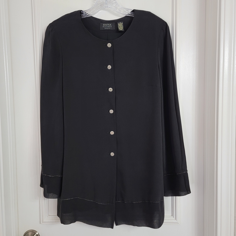 Dana Buchman Black Dress 100% Silk Embellishment Button Front Longsleeve Sz- 10